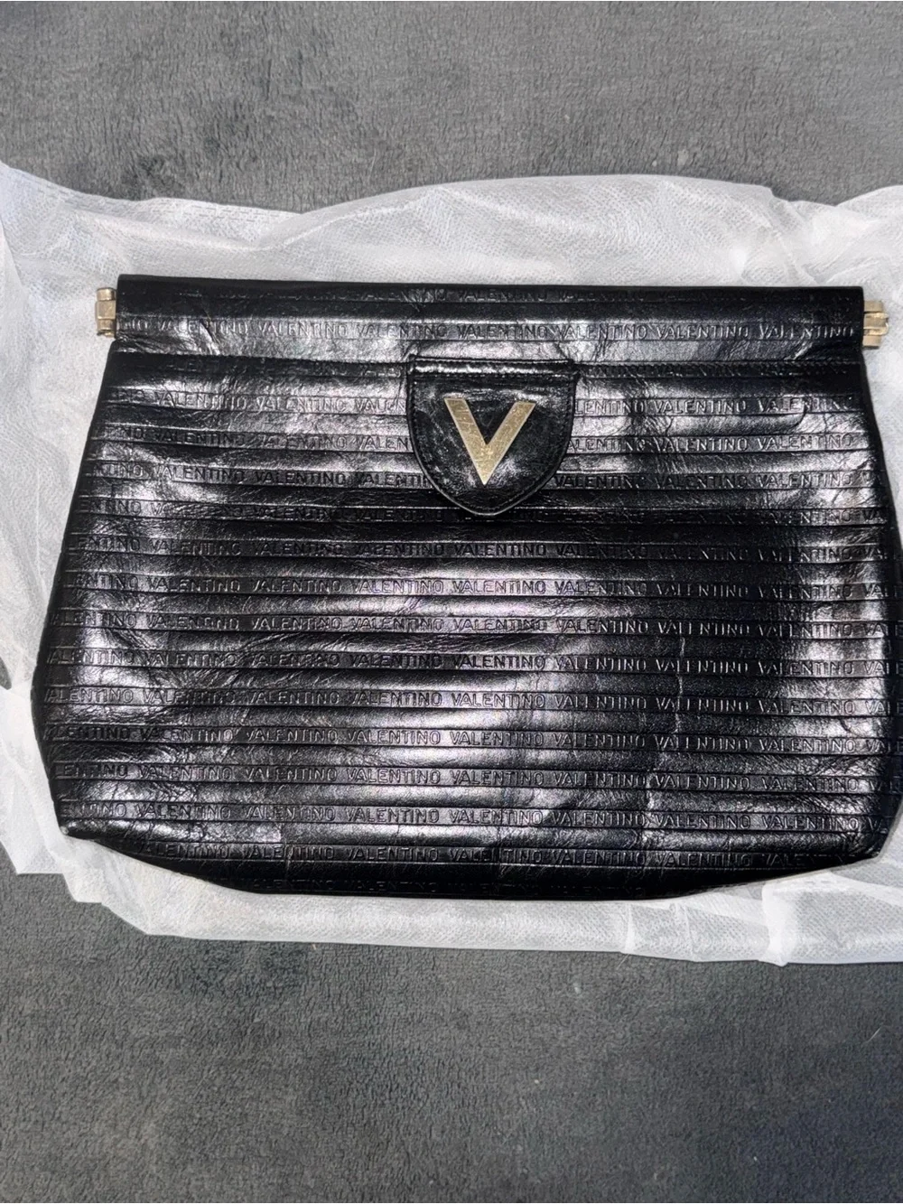 Vintage Mario Valentino Black Embossed Leather V-Logo Clutch